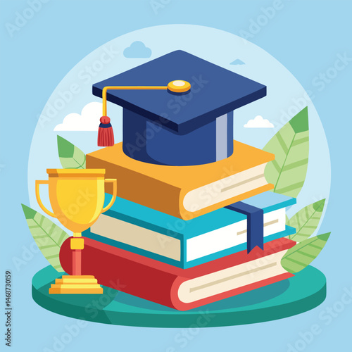 graduation cap on books with trophies.