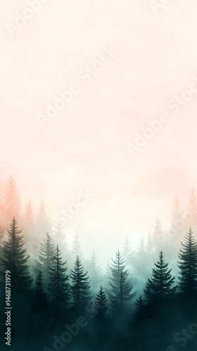Misty Forest Sunrise: Teal and Pink Hues