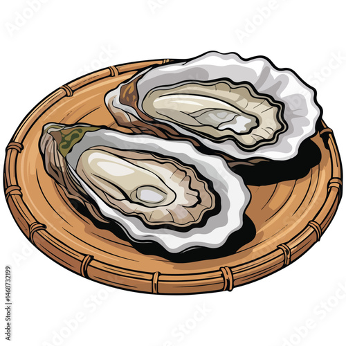 Oysters on bamboo colander isolated vector illustration on white background