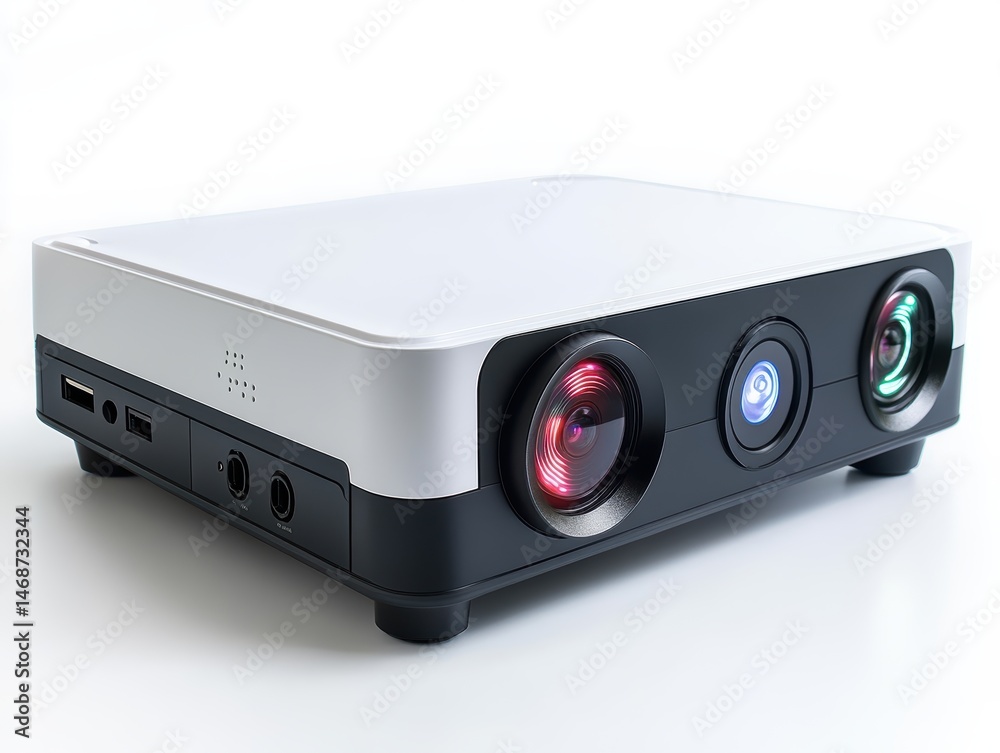 Obraz premium Modern multimedia projector with vibrant lenses on a clean white background
