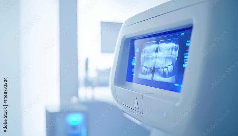 Dental Panoramic X-Ray Scan Displayed On Modern Medical Equipment for Diagnosis in White and Blue Tones Highlighting Advanced Technology Dental Panoramic X-Ray Scan Displayed On Modern Medical Equipment for Diagnosis in White and Blue Tones Highlighting Advanced Technology