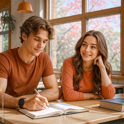 Young couple studying together, happy mood, sitting at the desk, bright classroom background