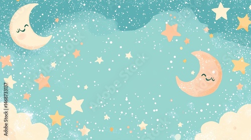 Cute moon and stars night sky, baby background,  pastel colors, nursery decor