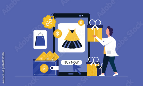 Cash Back and Money Return to Wallet, Happy Man with shopping bags rewards on online shopping concept