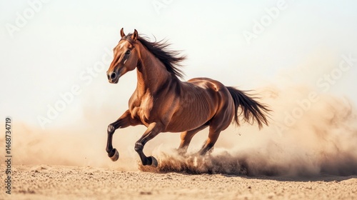 Majestic auburn horse gallops powerfully across dusty terrain in dynamic motion