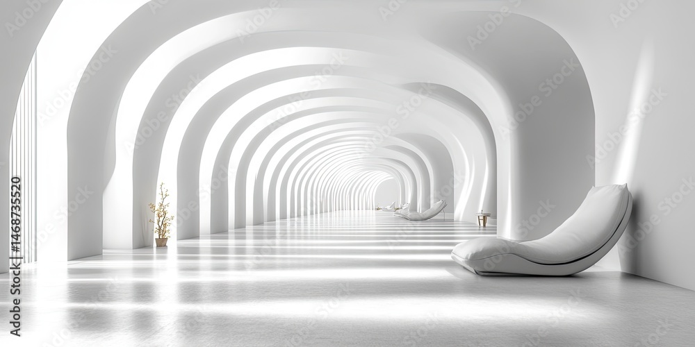 Fototapeta premium Empty, white arched hallway with a modern lounge chair.