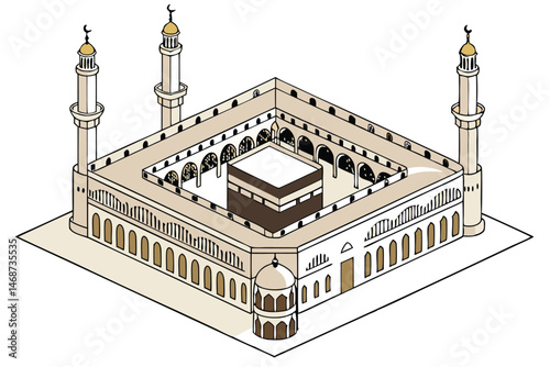 2 Islamic architecture, Kaaba in Mecca, aerial view, isometric illustration, detailed miniature, pilgrimage, white marble courtyard, golden ornaments, minarets, arched colonnade, tiny pilgrims, 3D ren