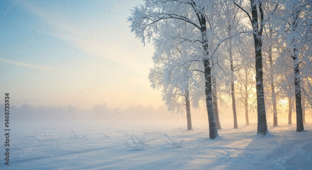 Frosty winter sunrise through trees Frosty winter sunrise through trees