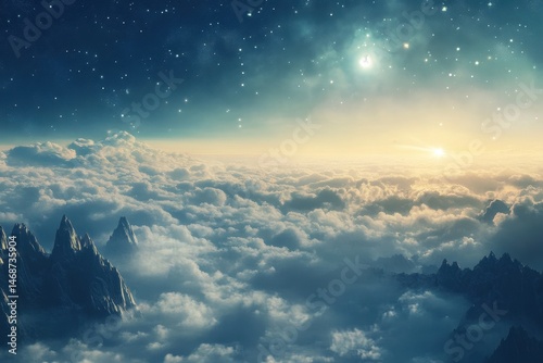 Majestic fantasy landscape above the clouds during twilight with stars shining brightly, Fantasy panorama of land above the clouds ing time-lapse background