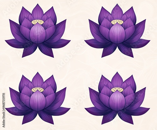 Four vibrant purple lotus flowers arranged in a symmetrical pattern on a light beige background.  Detailed depictions of lotus blossoms, showcasing intricate petal structures and a central pistil