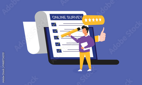 Online survey form. Man putting check mark on checklist. CRM, Customer experience, feedback and satisfaction concept