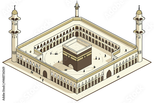 2 Islamic architecture, Kaaba in Mecca, aerial view, isometric illustration, detailed miniature, pilgrimage, white marble courtyard, golden ornaments, minarets, arched colonnade, tiny pilgrims, 3D ren