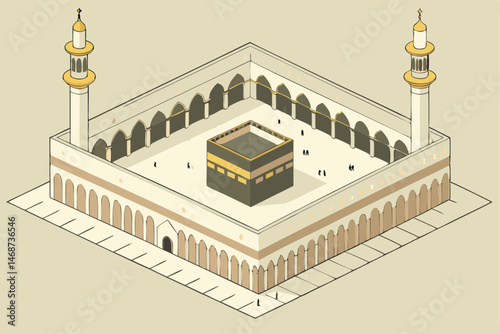 2 Islamic architecture, Kaaba in Mecca, aerial view, isometric illustration, detailed miniature, pilgrimage, white marble courtyard, golden ornaments, minarets, arched colonnade, tiny pilgrims, 3D ren