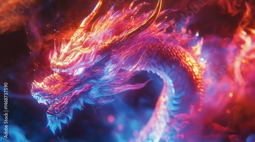 Neon Iridescent Dragon Digital Concept, Generative AI