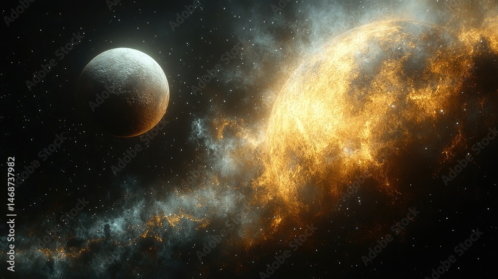 Obraz premium Cosmic clash of planets. Fiery celestial bodies amidst nebulae