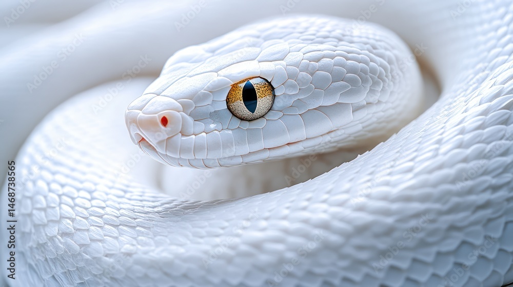 Fototapeta premium Albino snake coiled, studio shot, close-up, blurred background