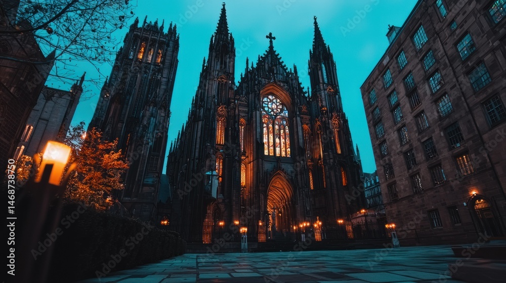 Fototapeta premium A nighttime view featuring an ornate gothic cathedral structure