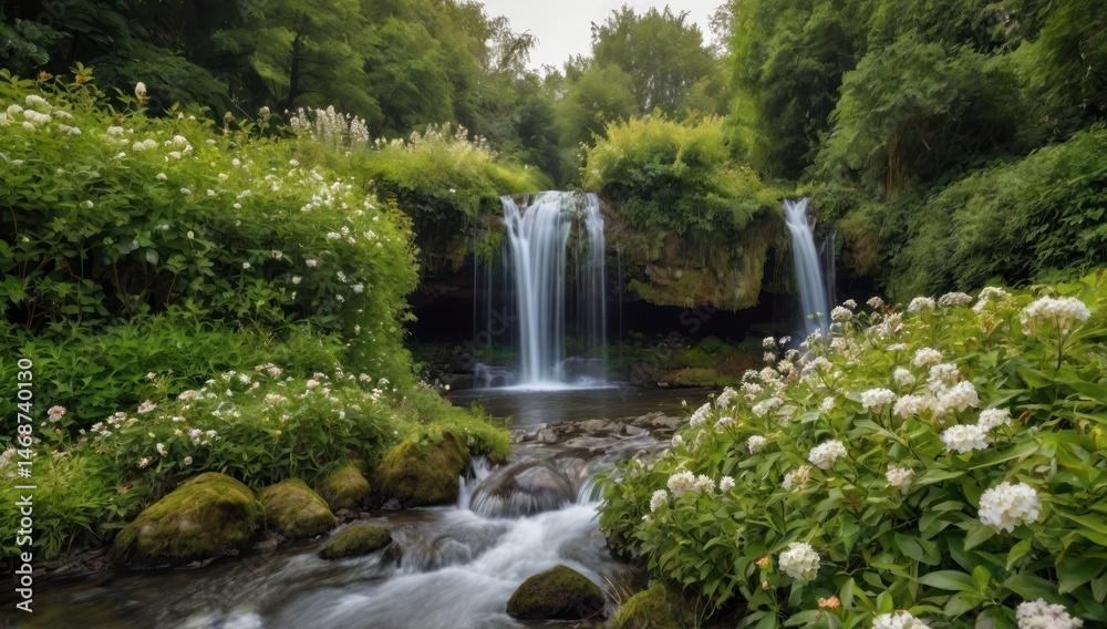 Obraz premium country side house, many footpaths with neat hedge flowers, small river, waterfall, forest background, high quality photo type