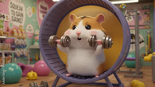 Adorable Hamster Gym Workout: 3D Render of a Cute Hamster Lifting Weights Inside a Wheel