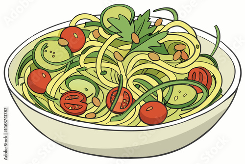 10 Vibrant vegetable noodle salad, colorful fresh ingredients, zucchini spirals, cherry tomatoes, crisp cucumber slices, crunchy peanuts, aromatic herbs, light dressing, white ceramic bowl, healthy cu