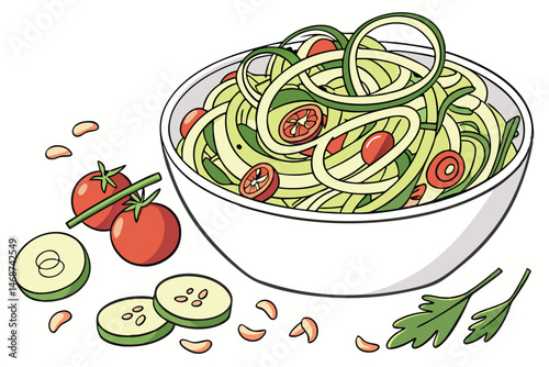 10 Vibrant vegetable noodle salad, colorful fresh ingredients, zucchini spirals, cherry tomatoes, crisp cucumber slices, crunchy peanuts, aromatic herbs, light dressing, white ceramic bowl, healthy cu