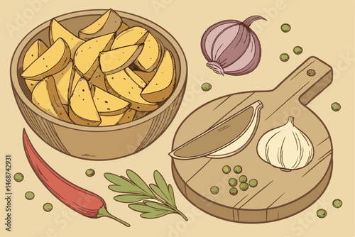 11 Roasted potato wedges, rustic wooden bowl, round cutting board, red chili peppers, whole garlic cloves, purple onion, green parsley sprigs, peas, spices, warm golden tones, food photography, high d