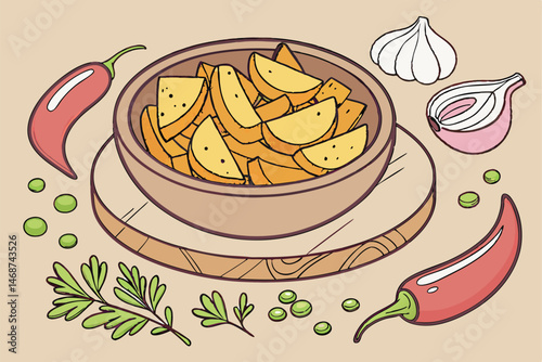 11 Roasted potato wedges, rustic wooden bowl, round cutting board, red chili peppers, whole garlic cloves, purple onion, green parsley sprigs, peas, spices, warm golden tones, food photography, high d