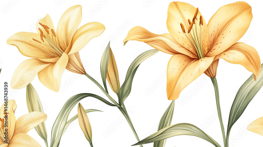 Obraz premium Elegant Botanical Illustration of Golden Lily Flowers on White Background