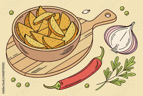 11 Roasted potato wedges, rustic wooden bowl, round cutting board, red chili peppers, whole garlic cloves, purple onion, green parsley sprigs, peas, spices, warm golden tones, food photography, high d
