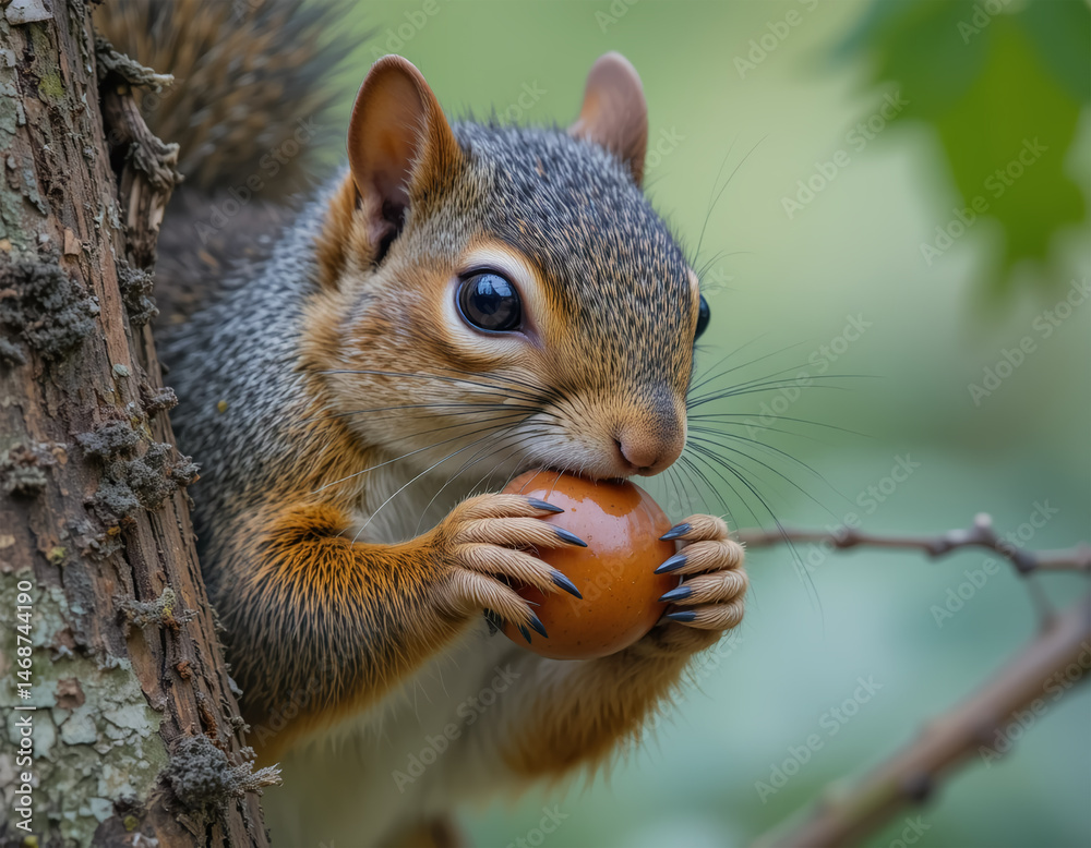 Fototapeta premium Squirrel Eating Acorn on Tree Branch