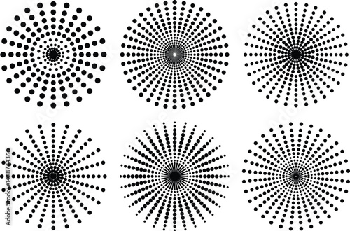 Dotted halftone circles set. Vector illustration. Black and white.