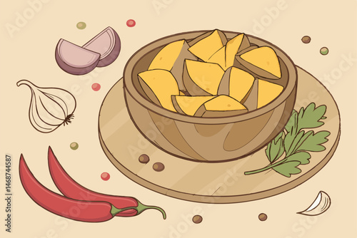 11 Roasted potato wedges, rustic wooden bowl, round cutting board, red chili peppers, whole garlic cloves, purple onion, green parsley sprigs, peas, spices, warm golden tones, food photography, high d