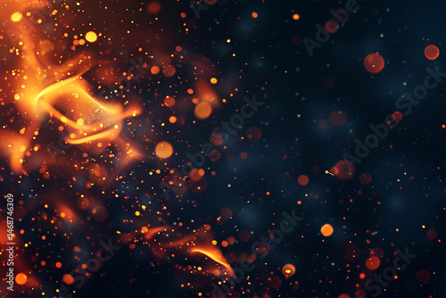 Fire embers particles over black background. Fire sparks background. Abstract dark glitter fire particles lights. bonfire in motion blur.