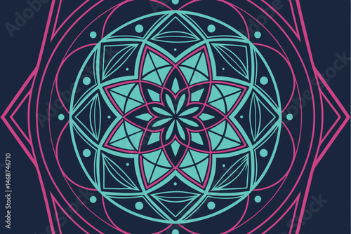 12 Geometric mandala, neon colors, vibrant cyan and magenta, intricate patterns, star shape, symmetrical design, abstract art, digital illustration, glowing lines, sacred geometry, psychedelic artwork