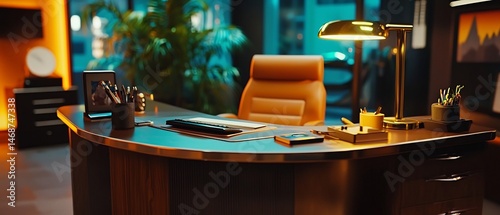 An Opulent Office Desk with Golden Accents and Evening Ambience