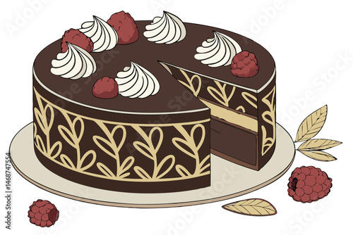 13 Photorealistic chocolate cake, ganache glaze, whipped cream swirls, fresh raspberries, golden leaf pattern, round cake, elegant dessert, soft lighting, high detail, food photography, mouthwatering,