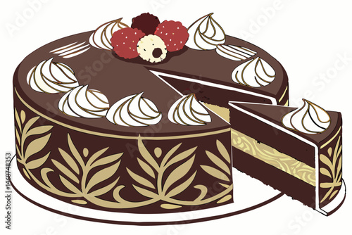 13 Photorealistic chocolate cake, ganache glaze, whipped cream swirls, fresh raspberries, golden leaf pattern, round cake, elegant dessert, soft lighting, high detail, food photography, mouthwatering,