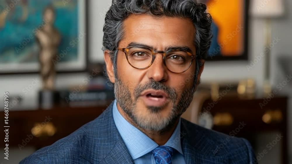 Man in Suit Speaking:A charismatic man with salt and pepper hair and glasses, wearing a stylish blue suit and light blue tie, is captured mid-speech, conveying a sense of authority and engagement. Man in Suit Speaking:A charismatic man with salt and pepper hair and glasses, wearing a stylish blue suit and light blue tie, is captured mid-speech, conveying a sense of authority and engagement.