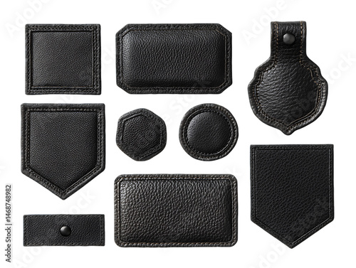 Black Leather Patches Collection: Various Shapes and Stitching Details, PNG