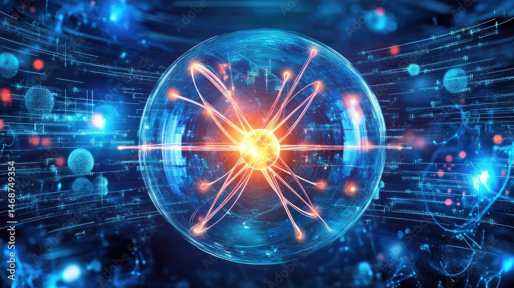 Fototapeta premium Atomic structure visualized with complex data overlay
