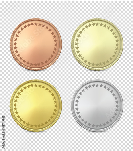 Medals logo collection. Set of shiny round awards in gold, silver and bronze metallic colors. 