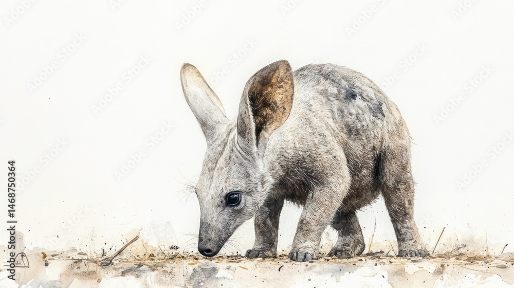 Fototapeta premium Echidna pup foraging, arid landscape, watercolor art print