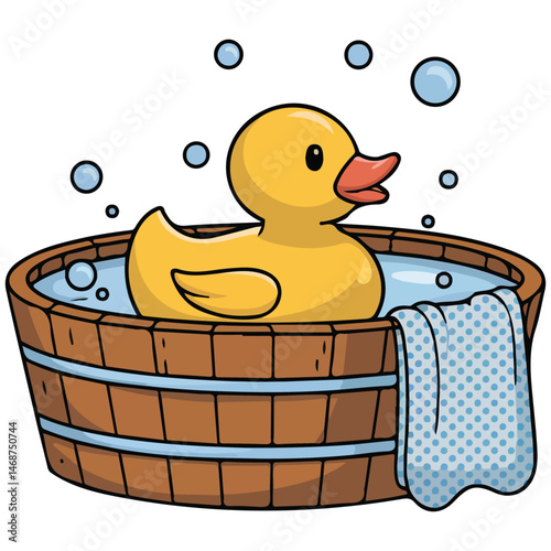 Duck floating in bucket isolated vector illustration on white background