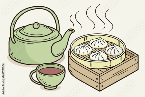 15 Traditional Chinese tea set, green cast iron teapot, bamboo steamer, dim sum dumplings, xiaolongbao, ceramic tea cup, wooden serving tray, pale green porcelain, soft lighting, muted colors, steam r