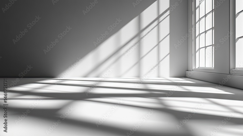 Fototapeta premium Empty room illuminated by sunlight casting shadows.