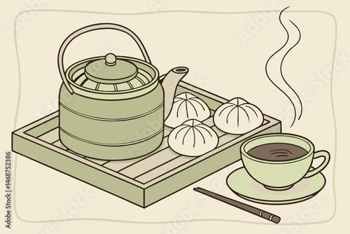 15 Traditional Chinese tea set, green cast iron teapot, bamboo steamer, dim sum dumplings, xiaolongbao, ceramic tea cup, wooden serving tray, pale green porcelain, soft lighting, muted colors, steam r
