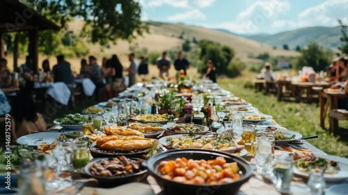 Rustic Outdoor Feast: A Bountiful Table in the Countryside