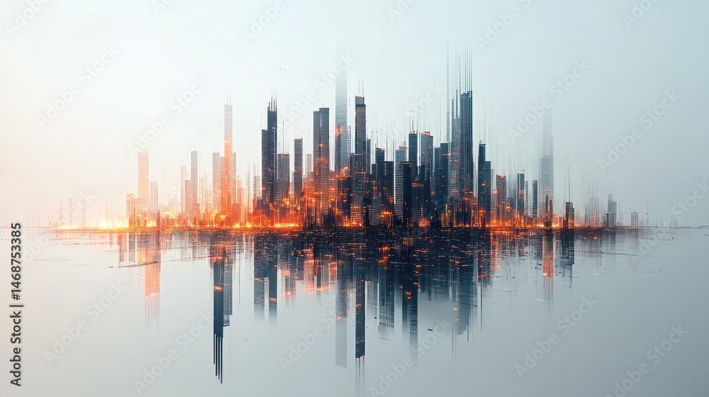 Fototapeta premium Futuristic city skyline reflecting on water, sunrise