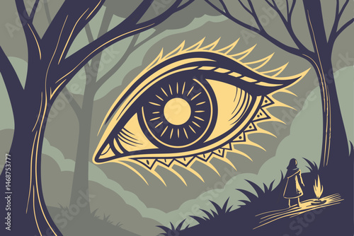 16 Surreal giant eye in forest, intricate golden patterns, glowing iris, dark fantasy, misty background, twilight atmosphere, magical realism, detailed digital art, ethereal lighting, mystical ambianc