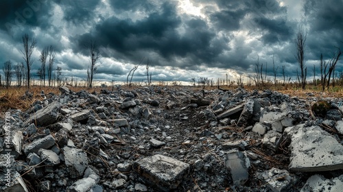 The Aftermath of War and the Silence Following Battle, Desolate landscape with barren ground and dramatic stormy skies.